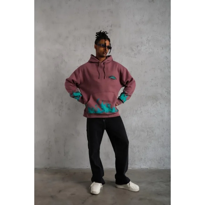 Erkek 3 İplik içi Pamuklu Alev Baskılı Kapüşonlu hoodie Sweatshirt - Gül Kurusu