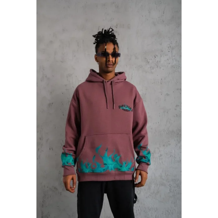Erkek 3 İplik içi Pamuklu Alev Baskılı Kapüşonlu hoodie Sweatshirt - Gül Kurusu