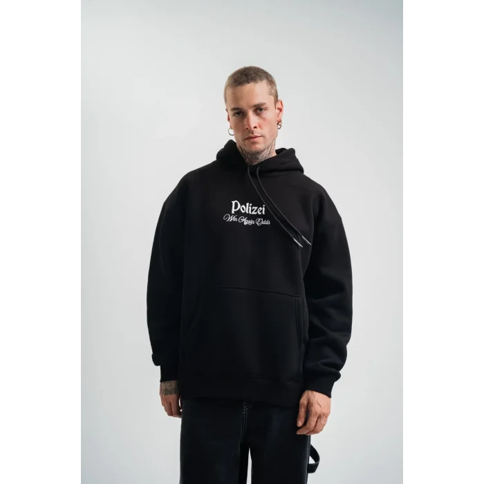 Erkek 3 İplik Pamuklu Kapüşonlu Baskılı Cepli Oversize Sweatshirt Hoodie - Siyah