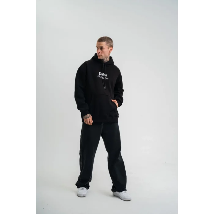 Erkek 3 İplik Pamuklu Kapüşonlu Baskılı Cepli Oversize Sweatshirt Hoodie - Siyah