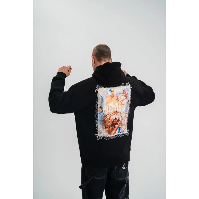 Erkek 3 İplik Pamuklu Kapüşonlu Baskılı Cepli Oversize Sweatshirt Hoodie - Siyah