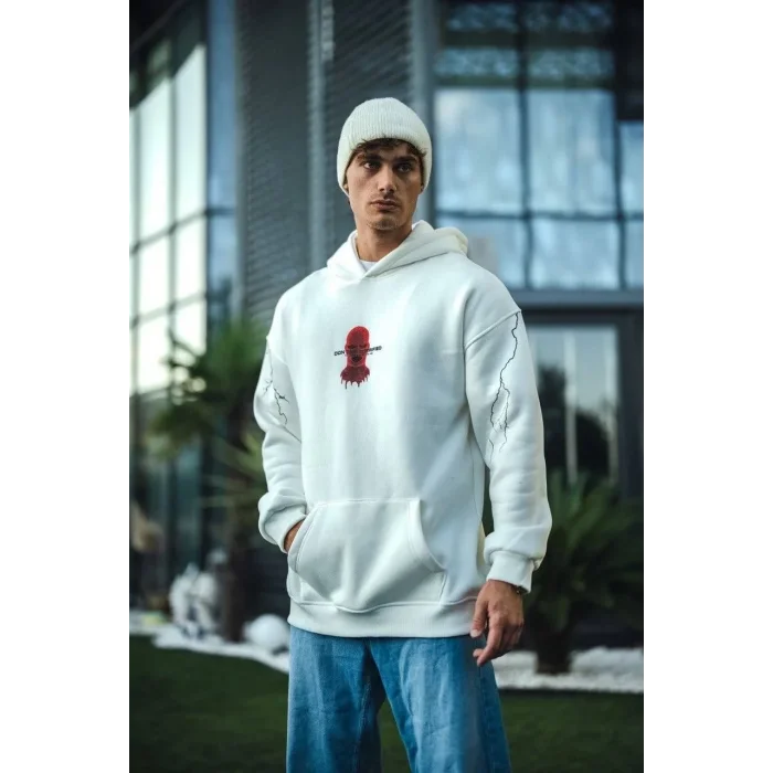 Erkek Kapüşonlu Kanguru Cepli Sweatshirt 3 İplik Pamuklu Baskılı Hoodie -  Beyaz