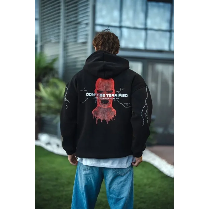 Erkek Kapüşonlu Kanguru Cepli Sweatshirt 3 İplik Pamuklu Baskılı Hoodie -  Siyah