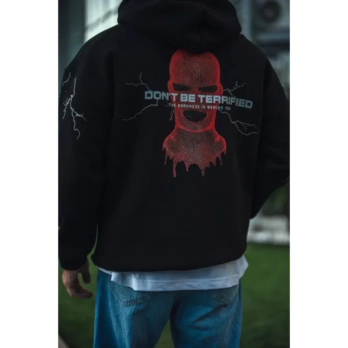 Erkek Kapüşonlu Kanguru Cepli Sweatshirt 3 İplik Pamuklu Baskılı Hoodie -  Siyah