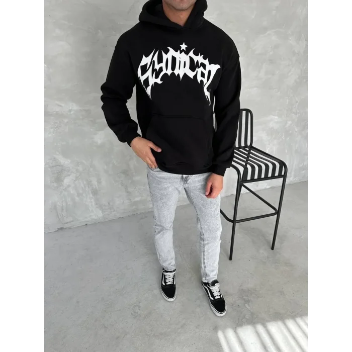 Erkek 3 İplik Pamuklu Kapüşonlu Baskılı Cepli Oversize Sweatshirt Hoodie - Siyah