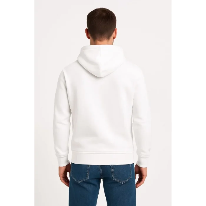 Erkek 3 İplik Pamuklu Kapüşonlu Kanguru Cepli SweatShirt hoodie - Beyaz