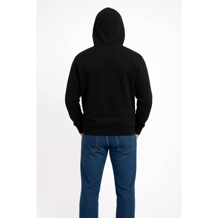 Erkek 3 İplik Pamuklu Kapüşonlu Kanguru Cepli SweatShirt hoodie - Siyah