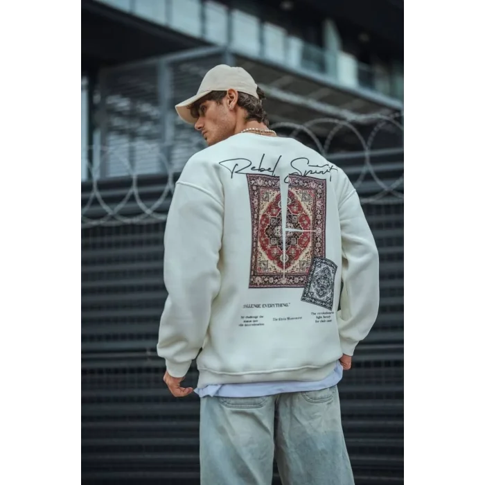 Erkek 3 iplik pamuklu Bisiklet Yaka Baskılı SweatShirt - Beyaz