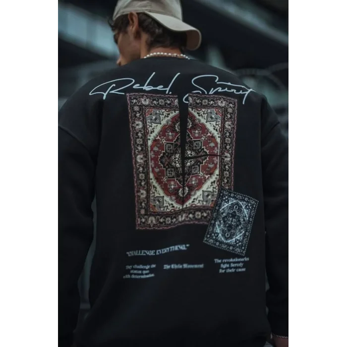 Erkek 3 iplik Pamuklu Bisiklet Yaka Baskılı SweatShirt - Siyah