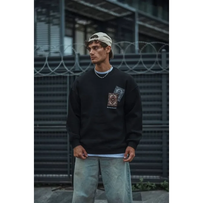 Erkek 3 iplik Pamuklu Bisiklet Yaka Baskılı SweatShirt - Siyah