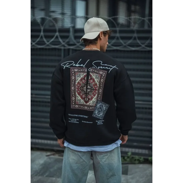 Erkek 3 iplik Pamuklu Bisiklet Yaka Baskılı SweatShirt - Siyah