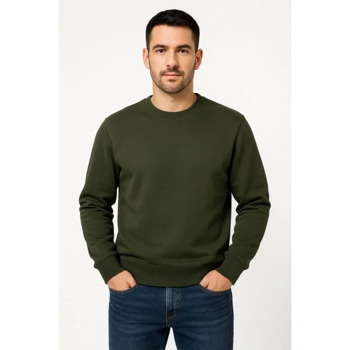 Erkek 3 İplik Pamuklu Düz Bisiklet Yaka SweatShirt - Haki