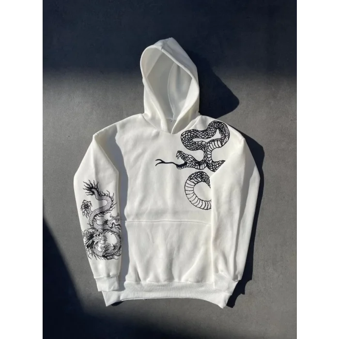 Erkek 3 İplik Pamuklu Kapüşonlu Baskılı Cepli Oversize Sweatshirt Hoodie - Beyaz