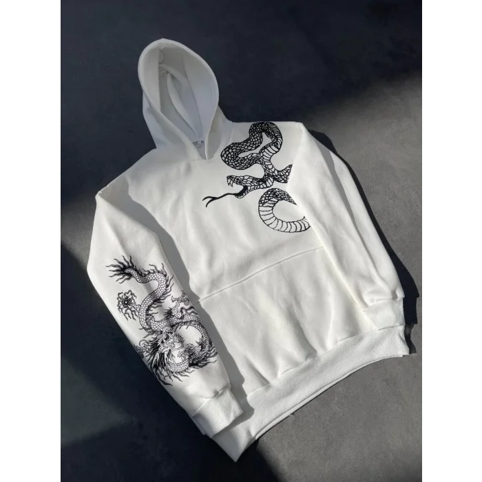 Erkek 3 İplik Pamuklu Kapüşonlu Baskılı Cepli Oversize Sweatshirt Hoodie - Beyaz