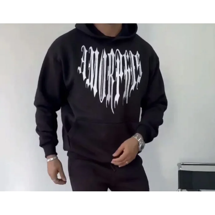 Erkek Kapüşonlu Kanguru Cepli Sweatshirt 3 İplik Pamuklu Baskılı Hoodie -  Siyah