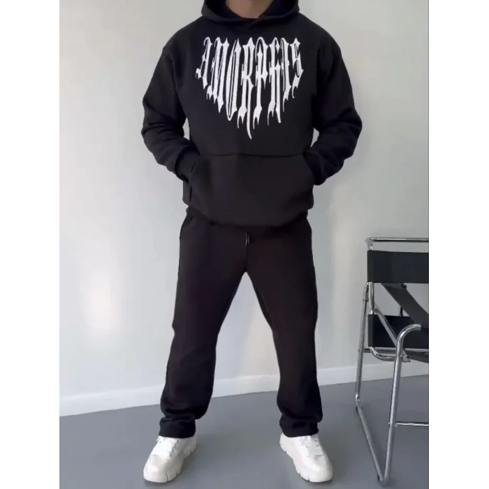 Erkek Kapüşonlu Kanguru Cepli Sweatshirt 3 İplik Pamuklu Baskılı Hoodie -  Siyah