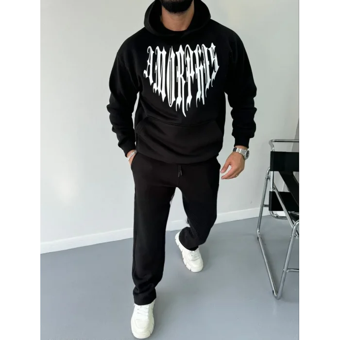 Erkek Kapüşonlu Kanguru Cepli Sweatshirt 3 İplik Pamuklu Baskılı Hoodie -  Siyah