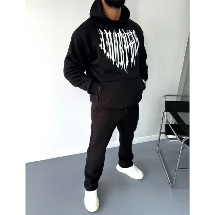 Erkek Kapüşonlu Kanguru Cepli Sweatshirt 3 İplik Pamuklu Baskılı Hoodie -  Siyah