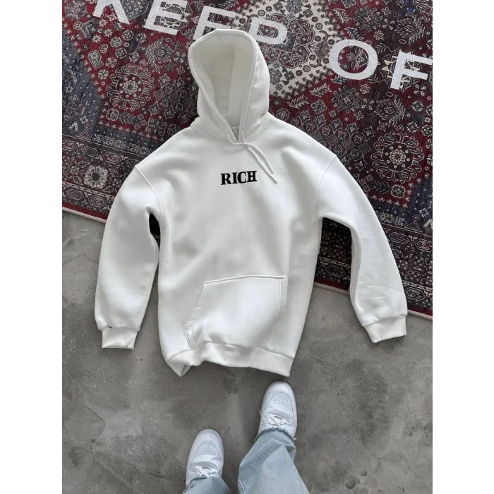 Erkek Kapüşonlu Kanguru Cepli Sweatshirt 3 İplik Pamuklu Baskılı Hoodie -  Beyaz