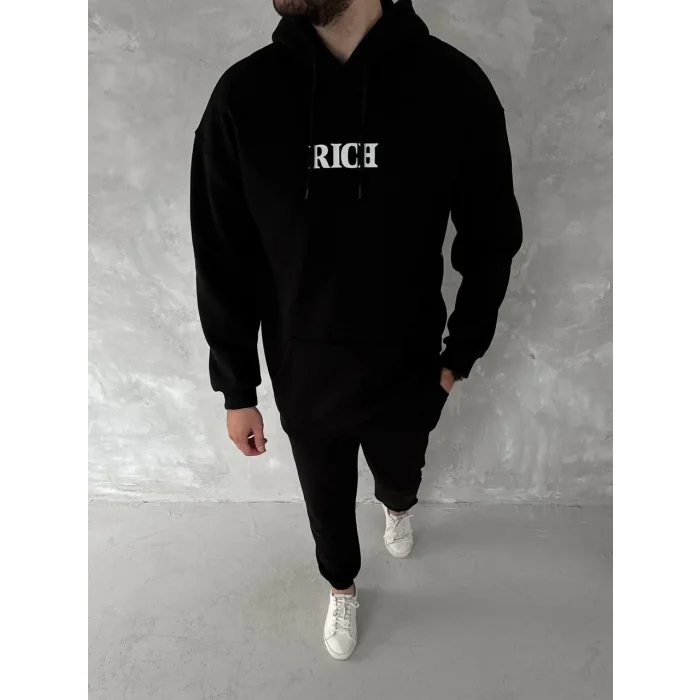 Erkek Kapüşonlu Kanguru Cepli Sweatshirt 3 İplik Pamuklu Baskılı Hoodie -  Siyah