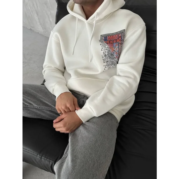 Erkek Kapüşonlu Kanguru Cepli Sweatshirt 3 İplik Pamuklu Baskılı Hoodie - Beyaz
