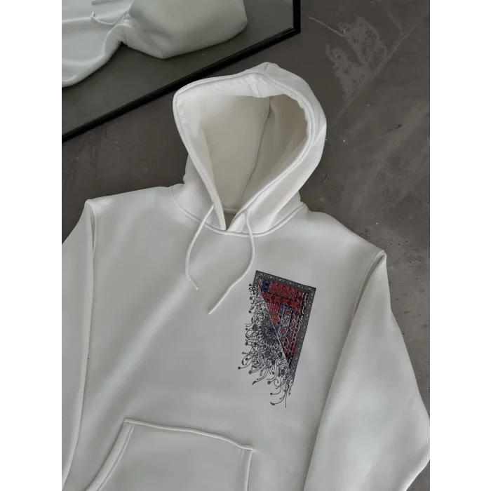 Erkek Kapüşonlu Kanguru Cepli Sweatshirt 3 İplik Pamuklu Baskılı Hoodie - Beyaz