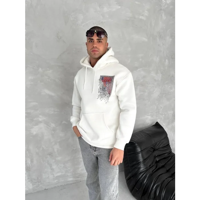 Erkek Kapüşonlu Kanguru Cepli Sweatshirt 3 İplik Pamuklu Baskılı Hoodie - Beyaz