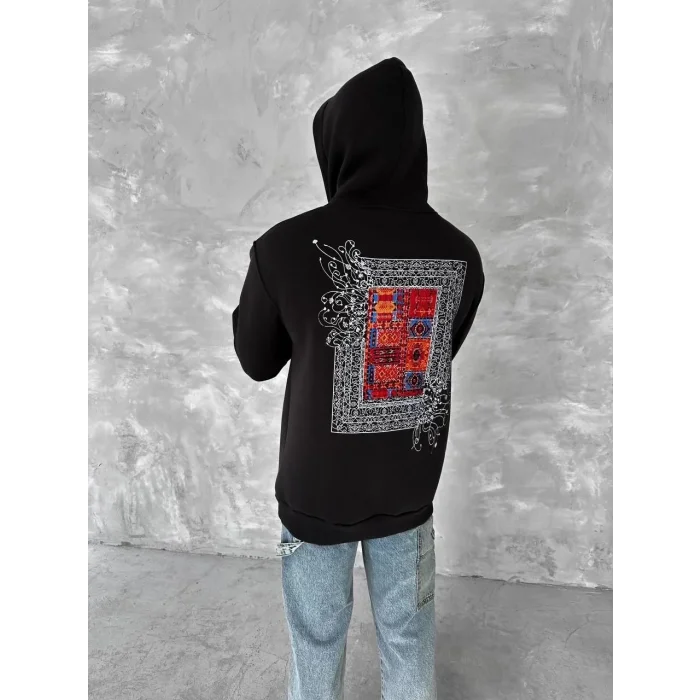 Erkek Kapüşonlu Kanguru Cepli Sweatshirt 3 İplik Pamuklu Baskılı Hoodie - Siyah