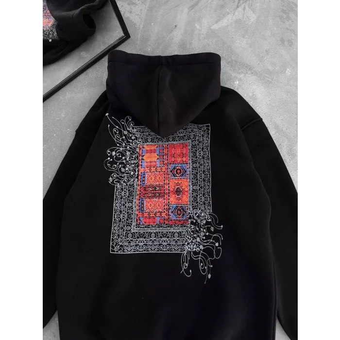 Erkek Kapüşonlu Kanguru Cepli Sweatshirt 3 İplik Pamuklu Baskılı Hoodie - Siyah