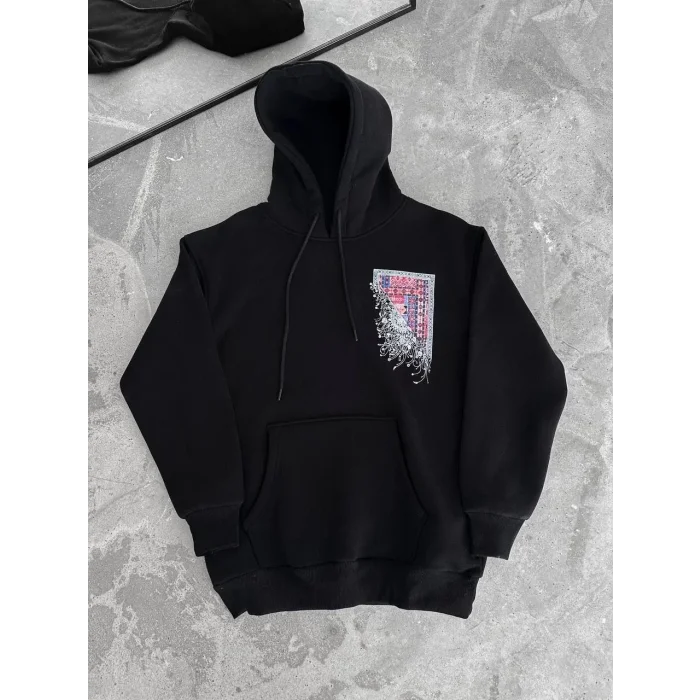 Erkek Kapüşonlu Kanguru Cepli Sweatshirt 3 İplik Pamuklu Baskılı Hoodie - Siyah