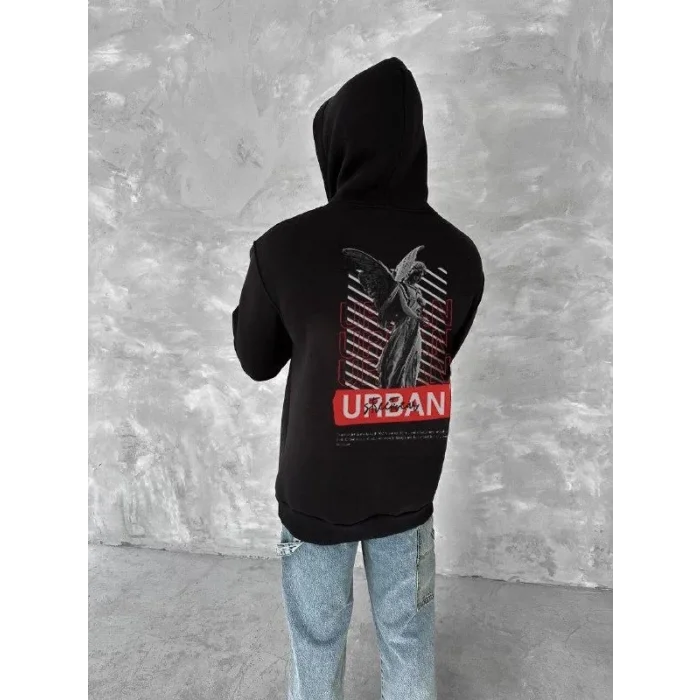 Erkek Kapüşonlu Kanguru Cepli Sweatshirt 3 İplik Pamuklu Baskılı Hoodie - Siyah