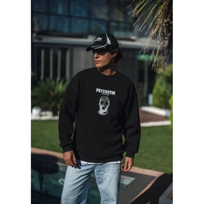 Erkek 3 iplik pamuklu Kışlık Bisiklet Yaka Baskılı SweatShirt - Siyah