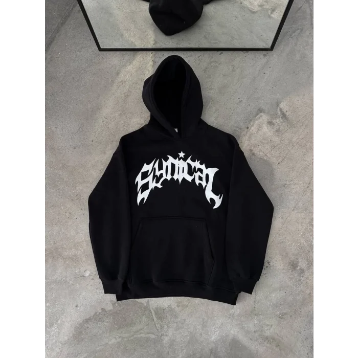 Erkek Kapüşonlu Kanguru Cepli Sweatshirt 3 İplik Pamuklu Baskılı Hoodie - Siyah