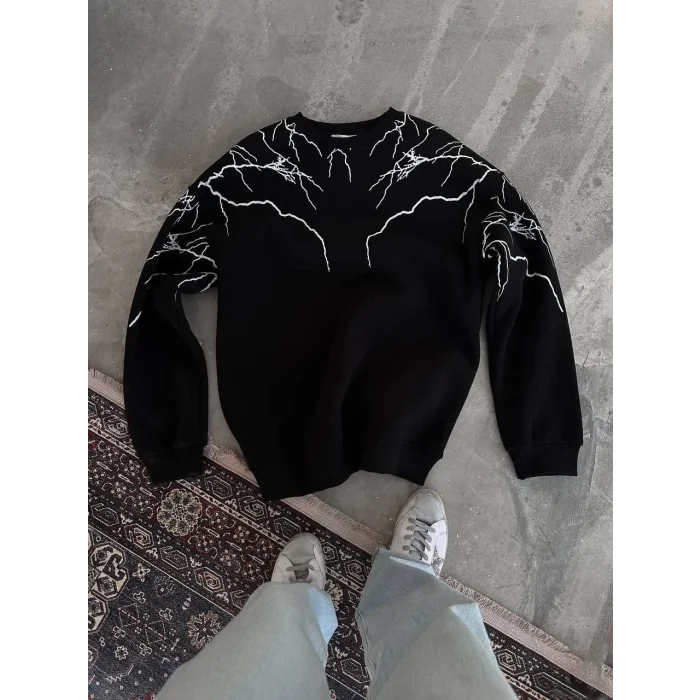 Erkek 3 iplik pamuklu Yıldırım Baskılı Bisiklet Yaka SweatShirt - Siyah