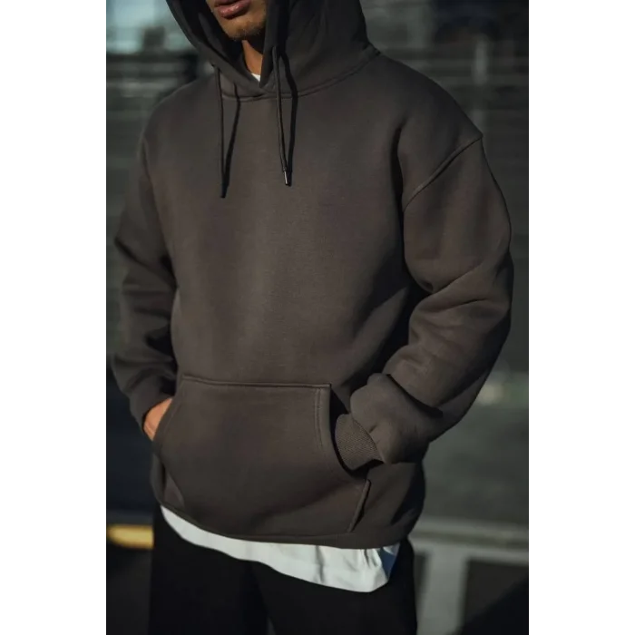 Erkek 3 İplik Pamuklu Kapüşonlu Basic SweatShirt Hoodie - Füme