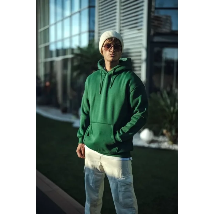 Erkek 3 İplik Pamuklu Kapüşonlu Basic SweatShirt Hoodie - Haki