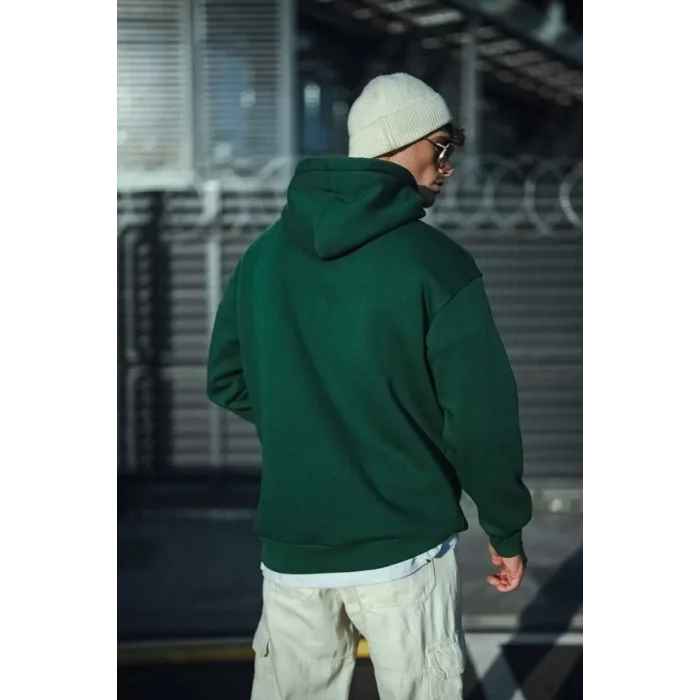 Erkek 3 İplik Pamuklu Kapüşonlu Basic SweatShirt Hoodie - Haki