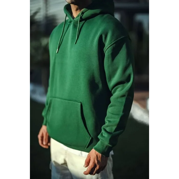 Erkek 3 İplik Pamuklu Kapüşonlu Basic SweatShirt Hoodie - Haki