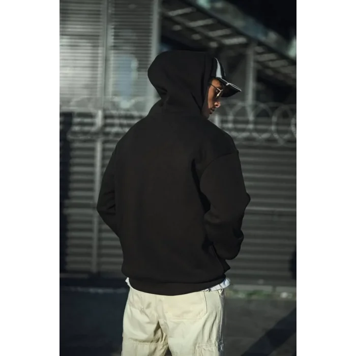 Erkek 3 İplik Pamuklu Kapüşonlu Basic SweatShirt Hoodie - Siyah