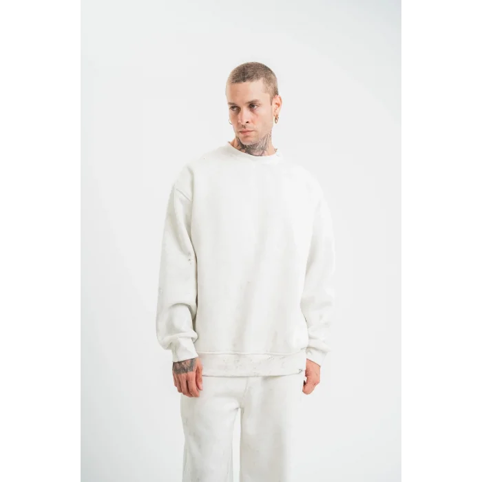 ERKEK 3 İplik Pamuklu Bisiklet Yaka Yıkamalı SweatShirt - Beyaz