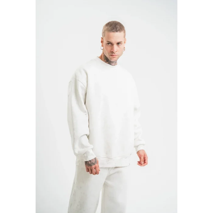 ERKEK 3 İplik Pamuklu Bisiklet Yaka Yıkamalı SweatShirt - Beyaz