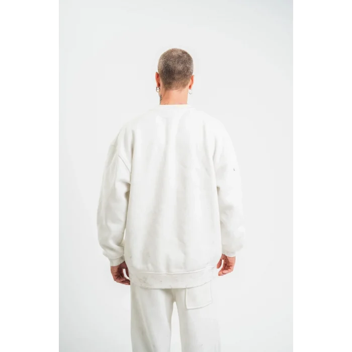 ERKEK 3 İplik Pamuklu Bisiklet Yaka Yıkamalı SweatShirt - Beyaz