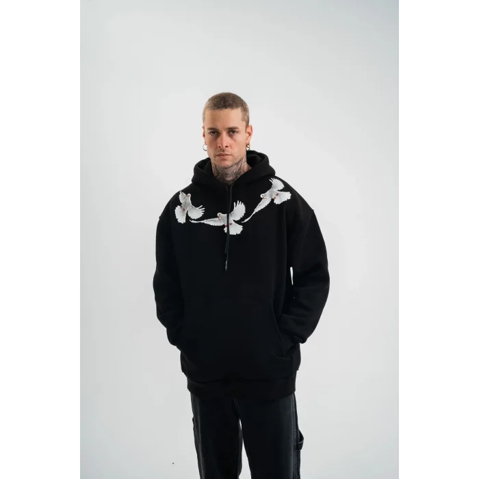Erkek 3 İplik Pamuklu Kapüşonlu Baskılı Cepli Oversize Sweatshirt Hoodie - Siyah