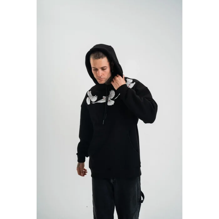 Erkek 3 İplik Pamuklu Kapüşonlu Baskılı Cepli Oversize Sweatshirt Hoodie - Siyah