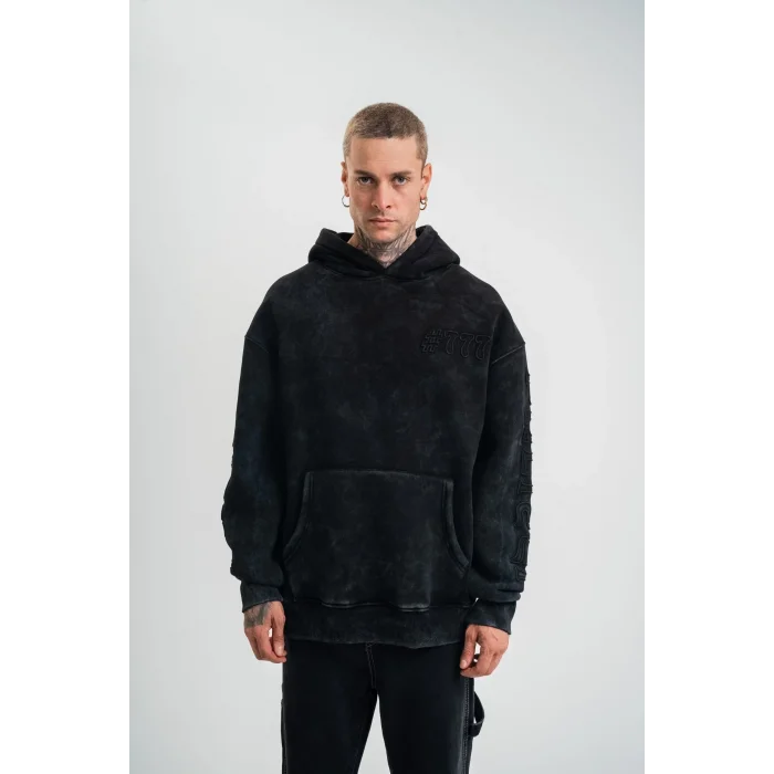 ERKEK 3 iplik Pamuklu Kapüşonlu Yıkamalı Nakışlı Hoodie SweatShirt - Siyah