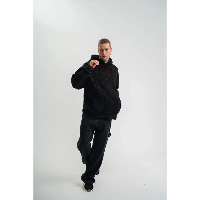 ERKEK 3 iplik Pamuklu Kapüşonlu Yıkamalı Nakışlı Hoodie SweatShirt - Siyah