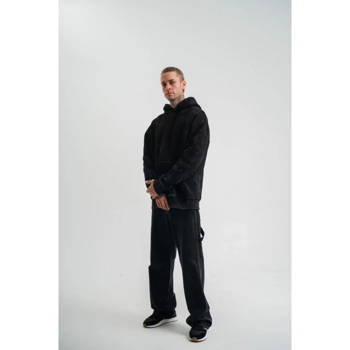 ERKEK 3 iplik Pamuklu Kapüşonlu Yıkamalı Nakışlı Hoodie SweatShirt - Siyah