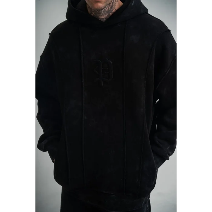 ERKEK 3 iplik Pamuklu Kapüşonlu Yıkamalı Nakışlı Hoodie SweatShirt - Siyah