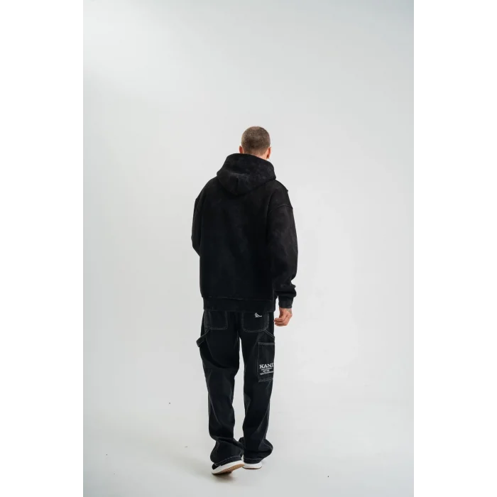 ERKEK 3 iplik Pamuklu Kapüşonlu Yıkamalı Nakışlı Hoodie SweatShirt - Siyah