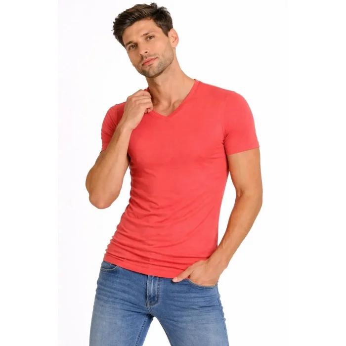 Erkek Body T-shirt V Yaka Slim Fit Likralı Kısa kol Tişört - Nar Çiçeği